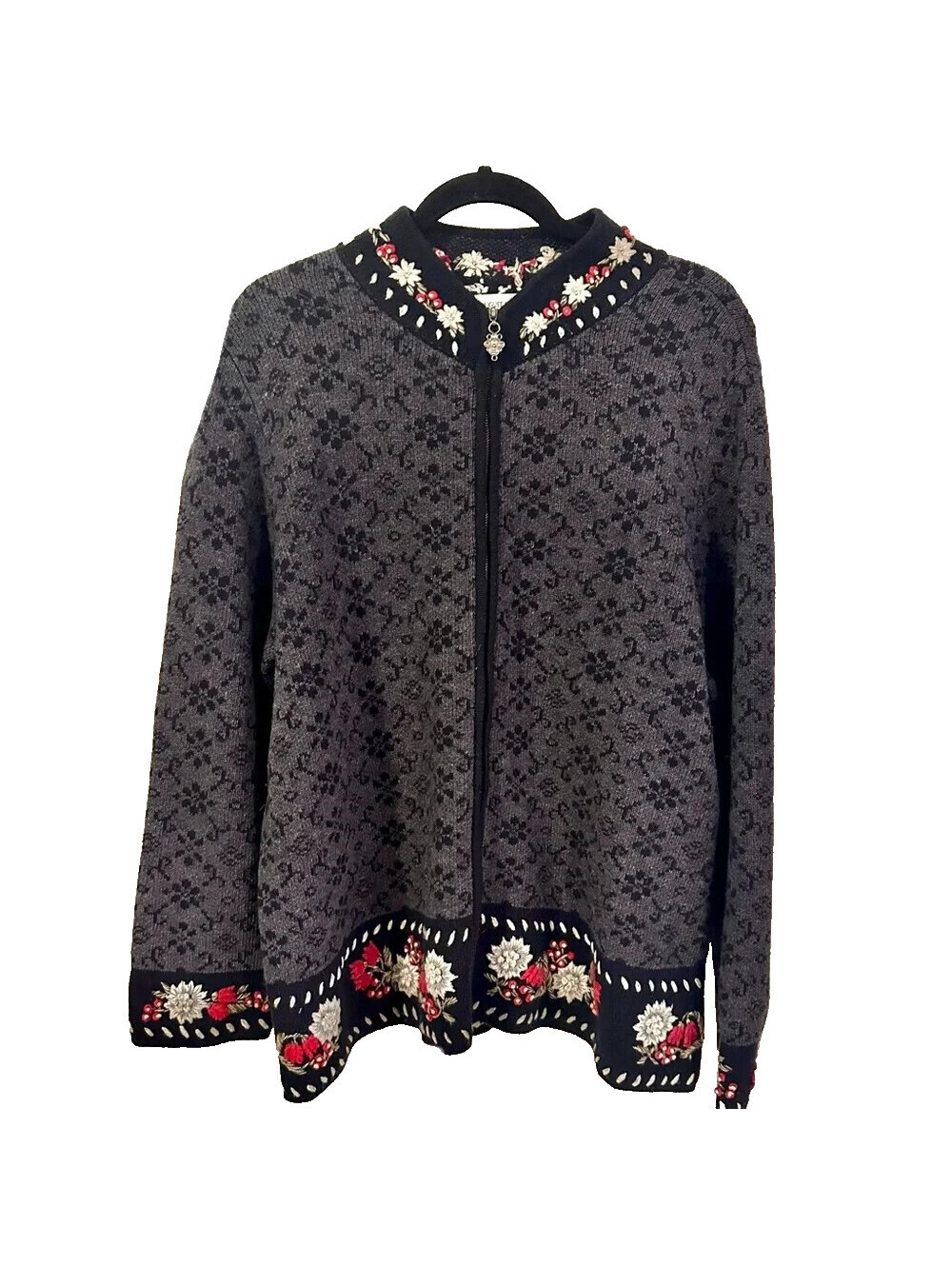 August Max Woman Vtg Size 2X Lambs Wool Cardigan Christmas Embroidery Zip Front